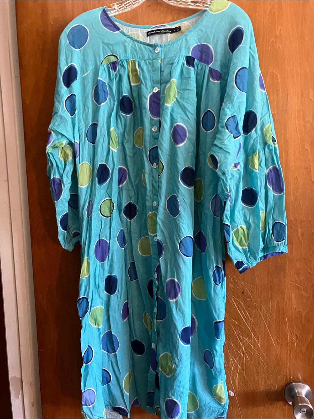 Gudrun Sjoden Organic Cotton Dress Teal Polka Dots Lagenlook Size L